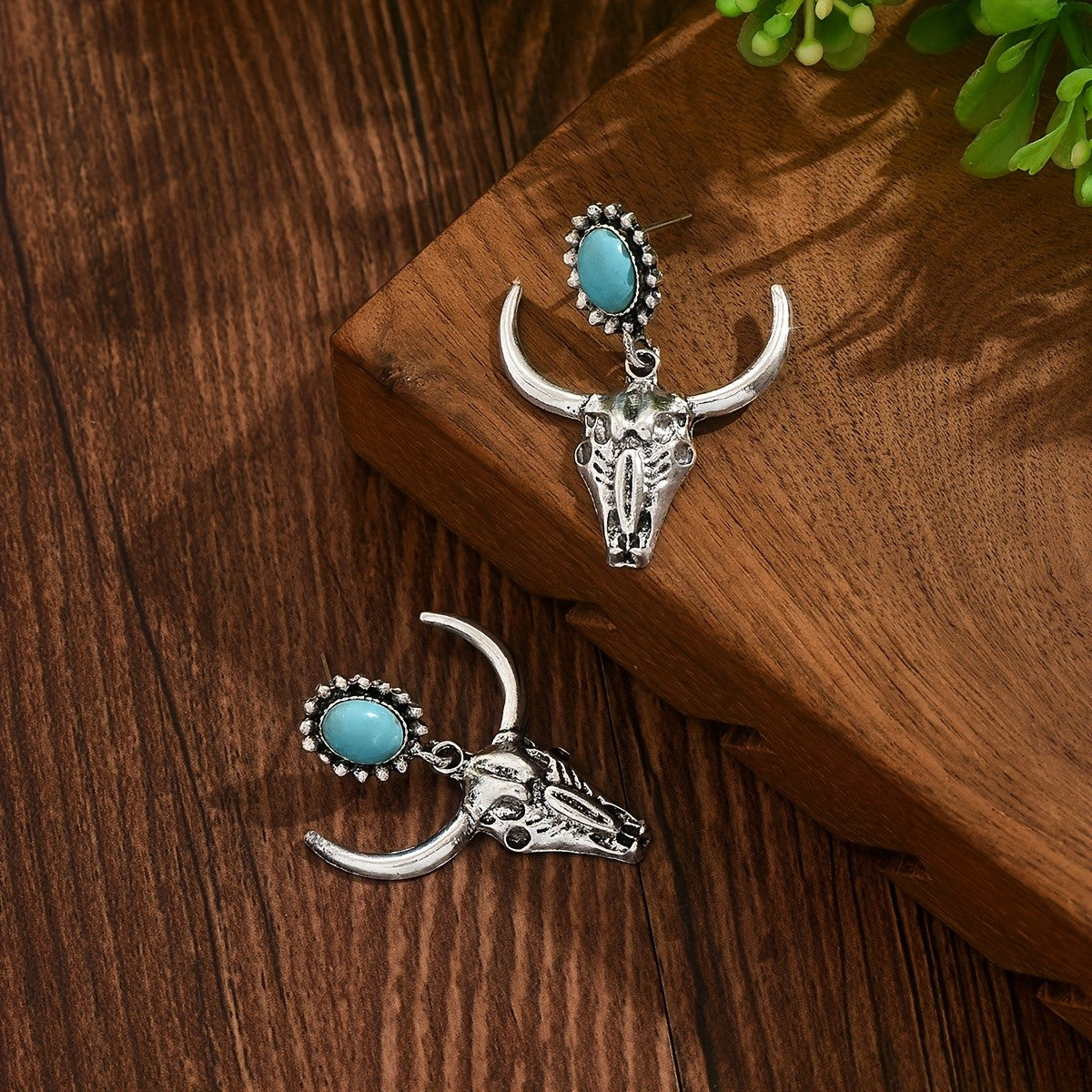 Turquoise Bull Skull Drop Earrings