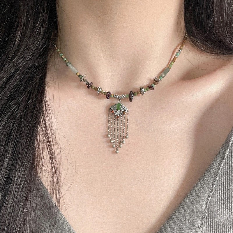 Green Stone Tassel Necklace