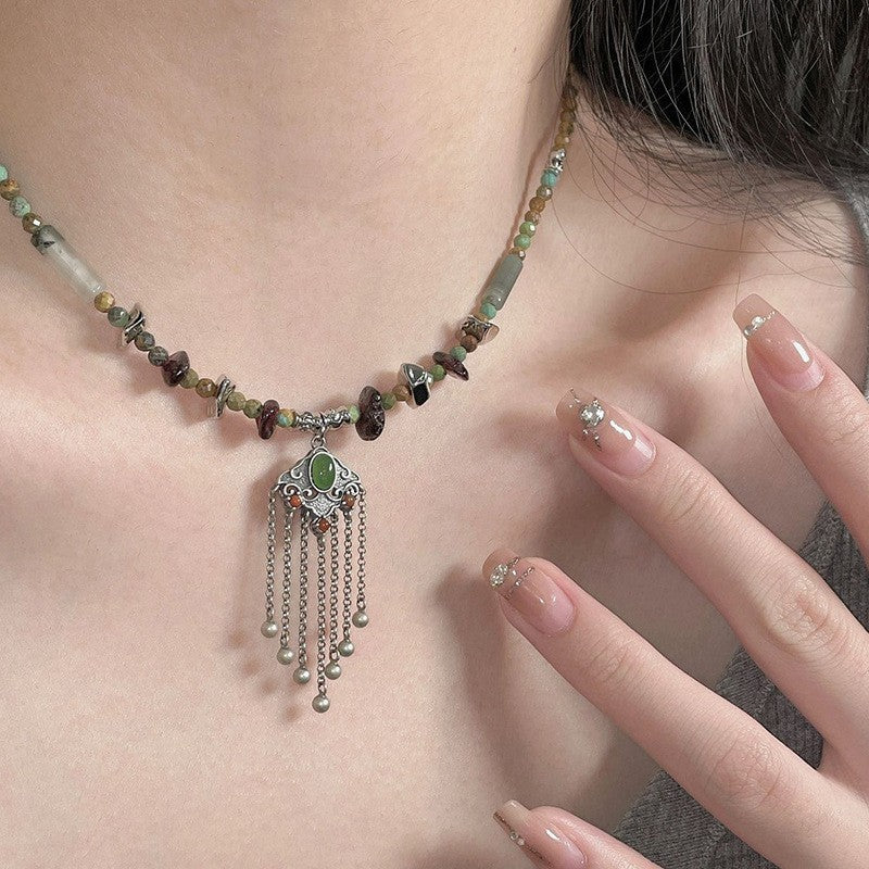 Green Stone Tassel Necklace