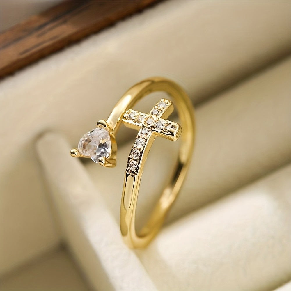Pear Crystal Cross Open Ring