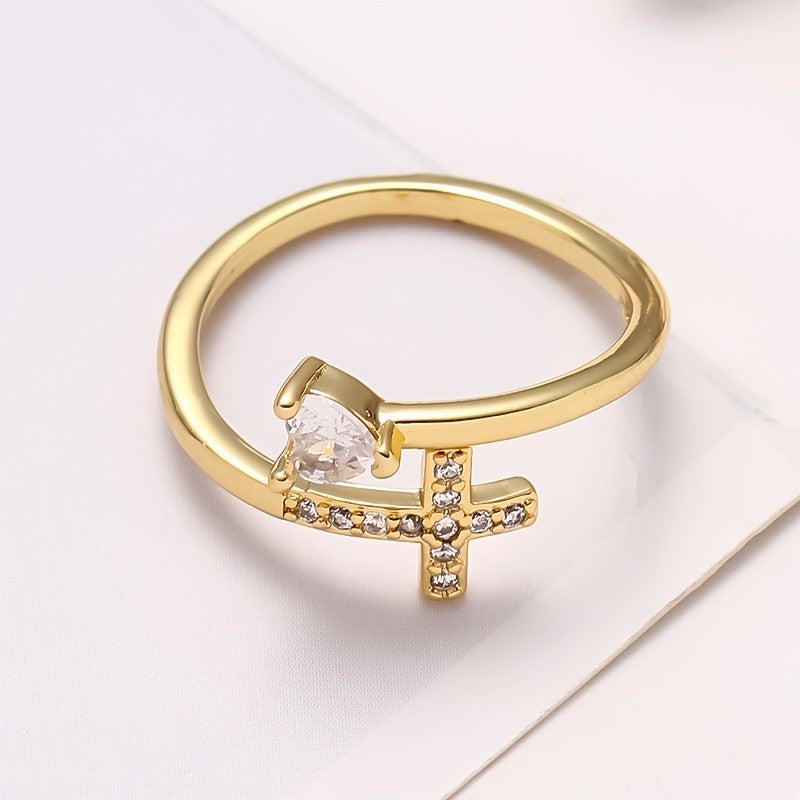 Pear Crystal Cross Open Ring