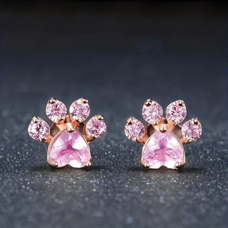 Pink Crystal Cat Paw Stud Earrings