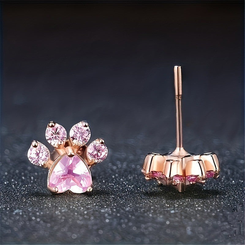 Pink Crystal Cat Paw Stud Earrings