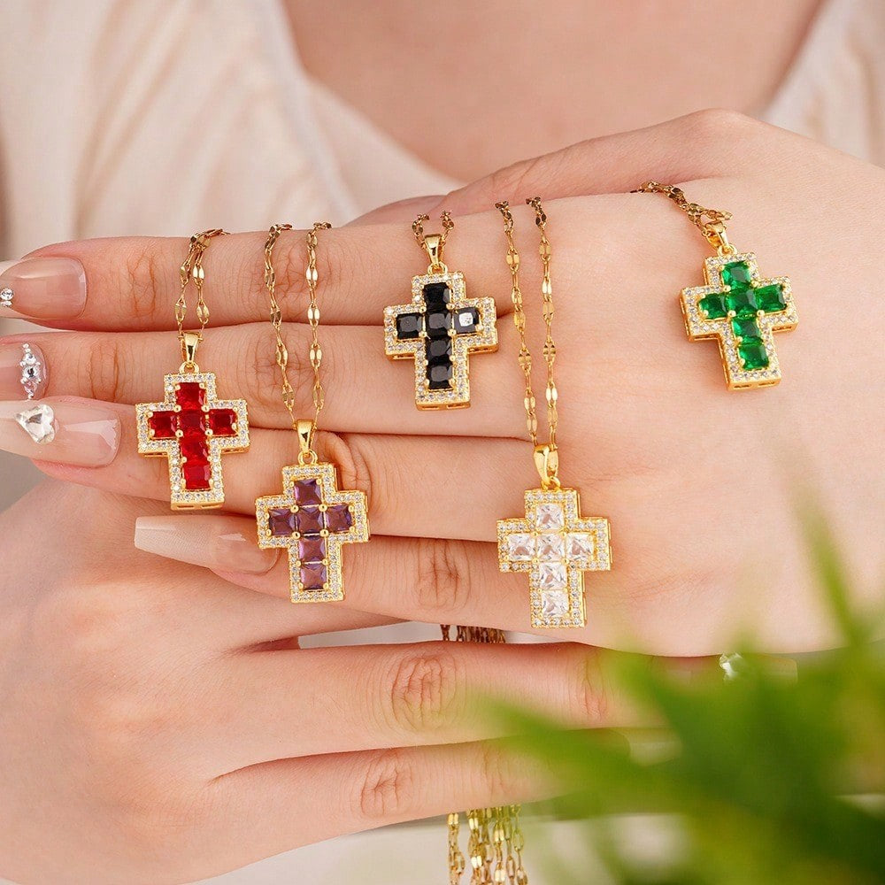 Multi-Color Crystal Cross Necklace