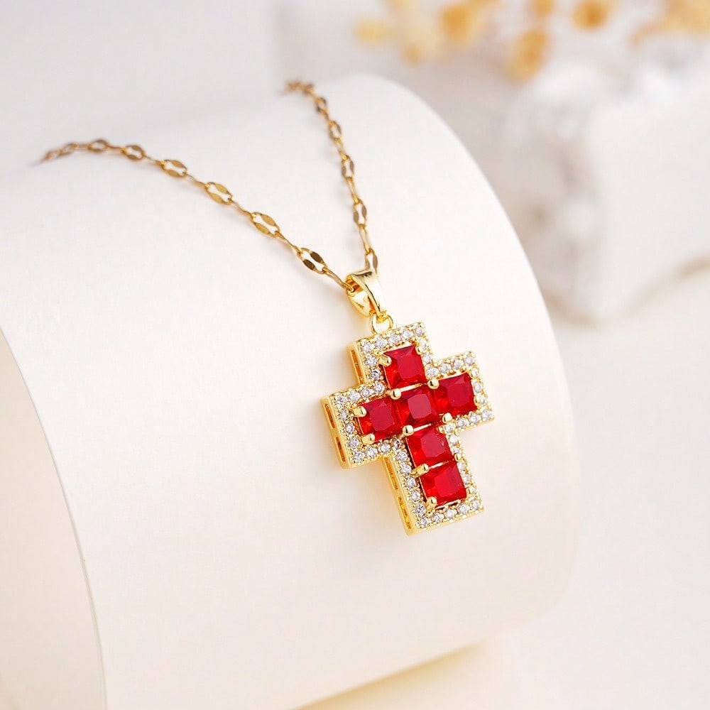 Multi-Color Crystal Cross Necklace