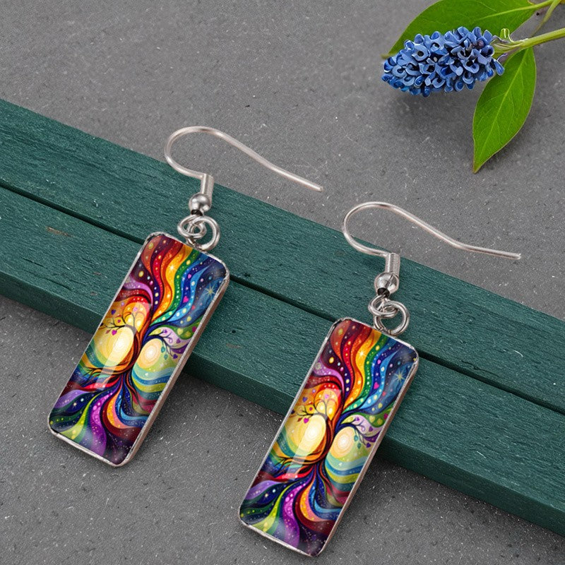Rainbow Tree of Life Rectangular Earrings