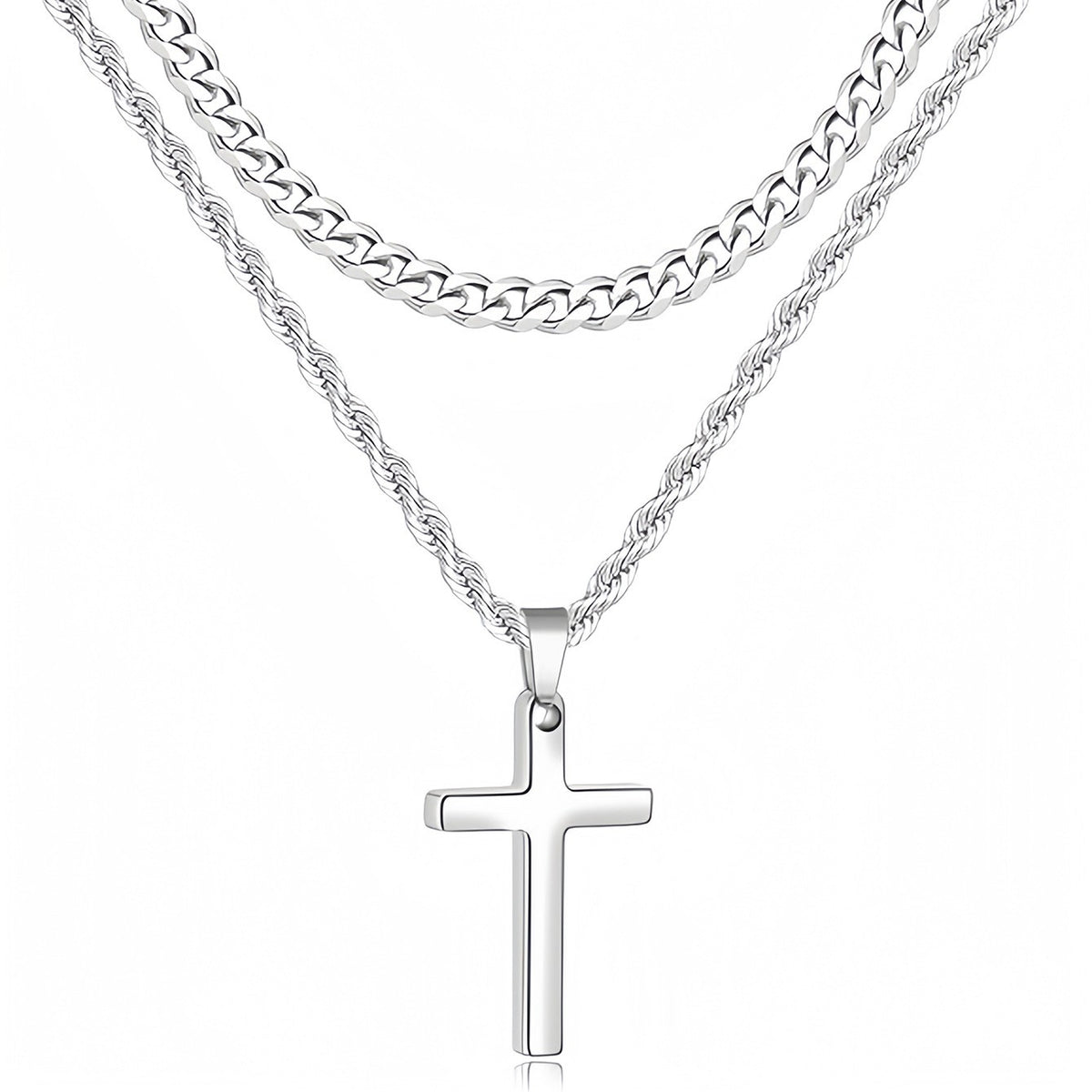 Double Layer Curb & Rope Cross Necklace