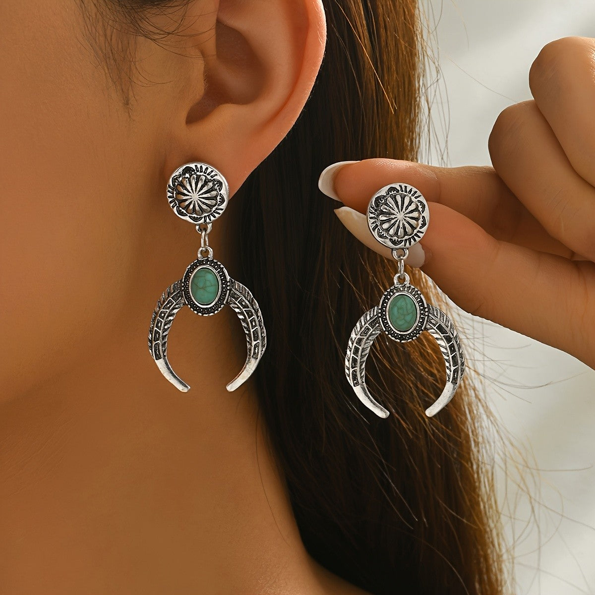 Crescent Moon & Green Stone Earrings