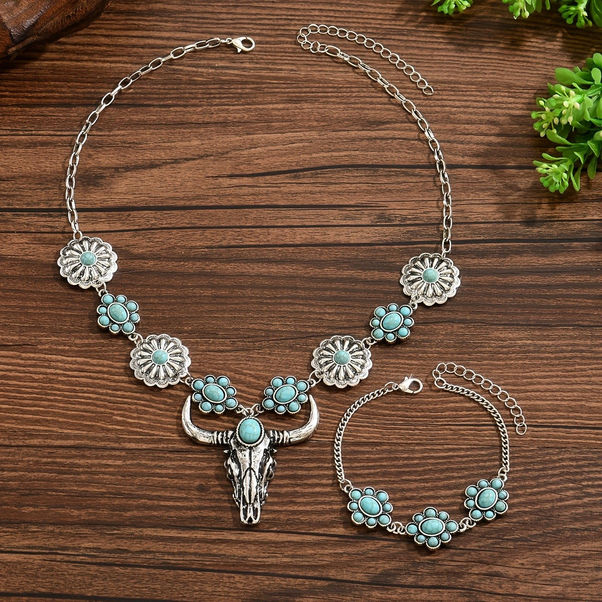 Turquoise Bull Skull & Flower Jewelry Set