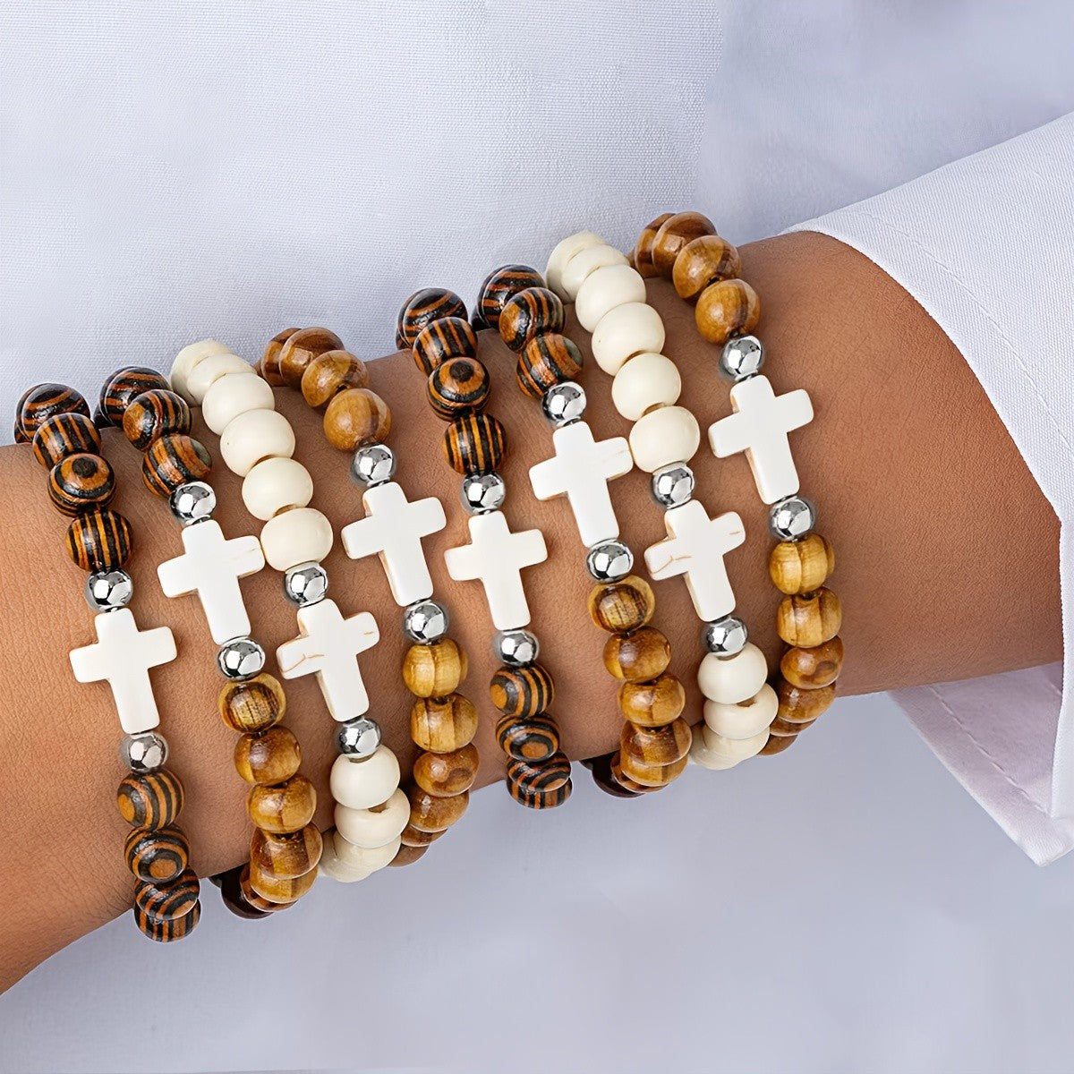 Wooden Cross Bead Bracelet Set