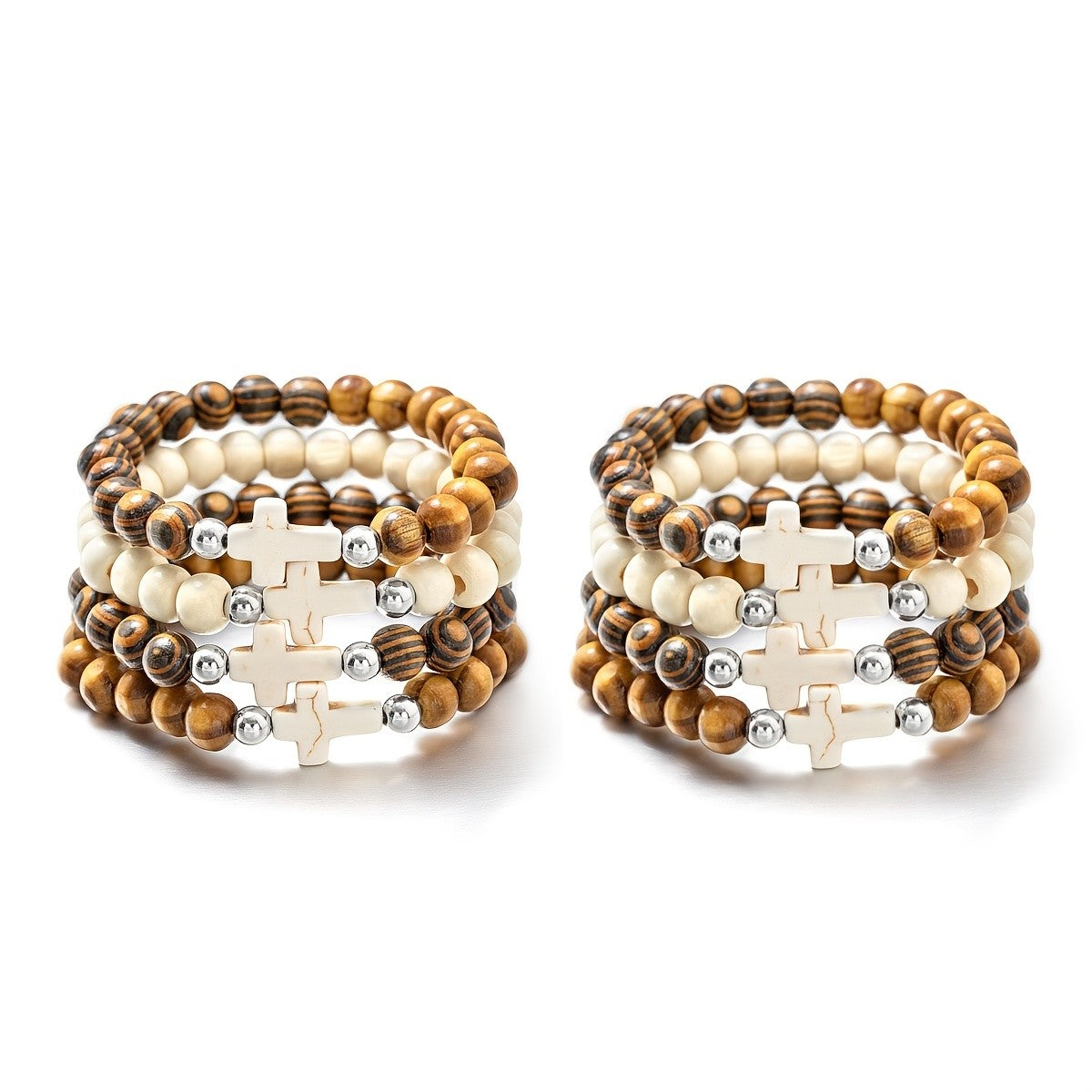 Wooden Cross Bead Bracelet Set