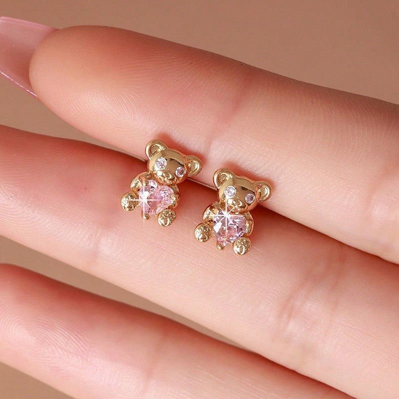 Pink Heart Bear Stud Earrings