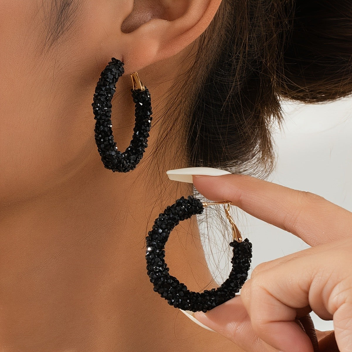 Black Crystal Hoop Earrings