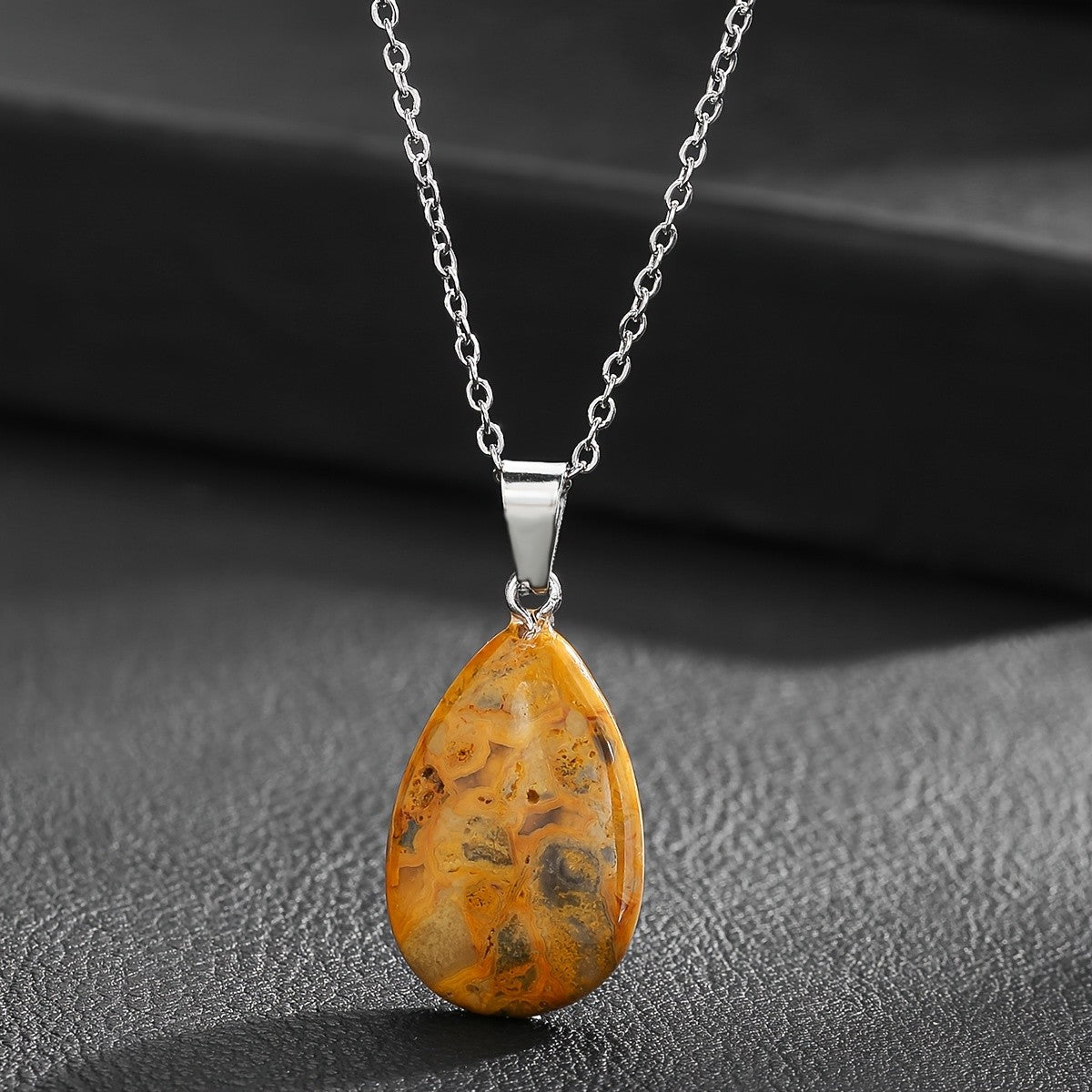 Amber Mottled Stone Pendant Necklace