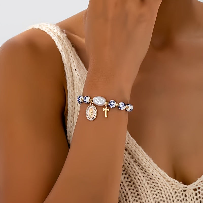 Blue Porcelain Bead & Cross Bracelet