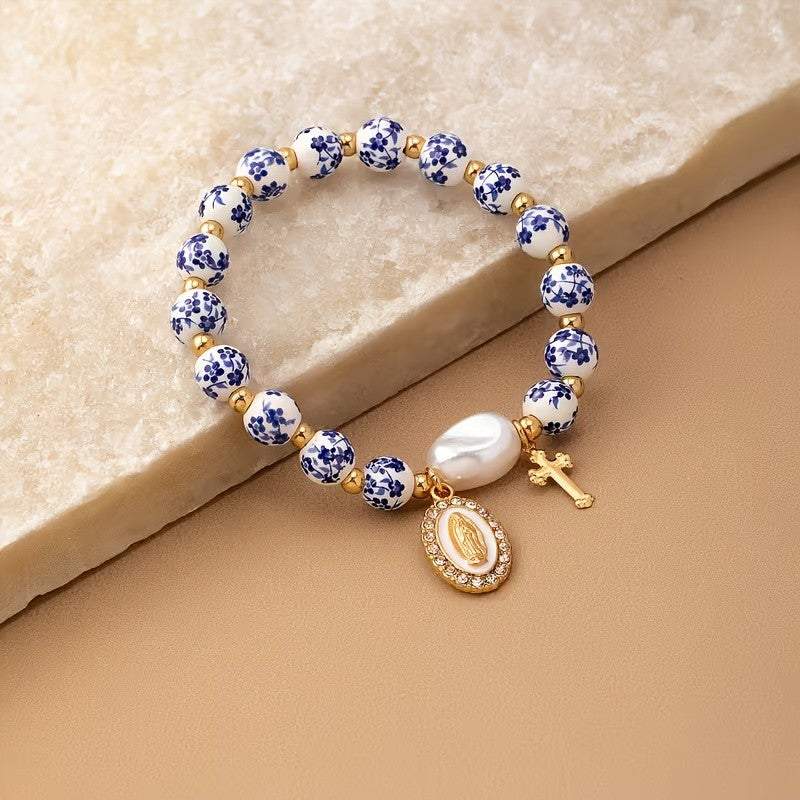 Blue Porcelain Bead & Cross Bracelet
