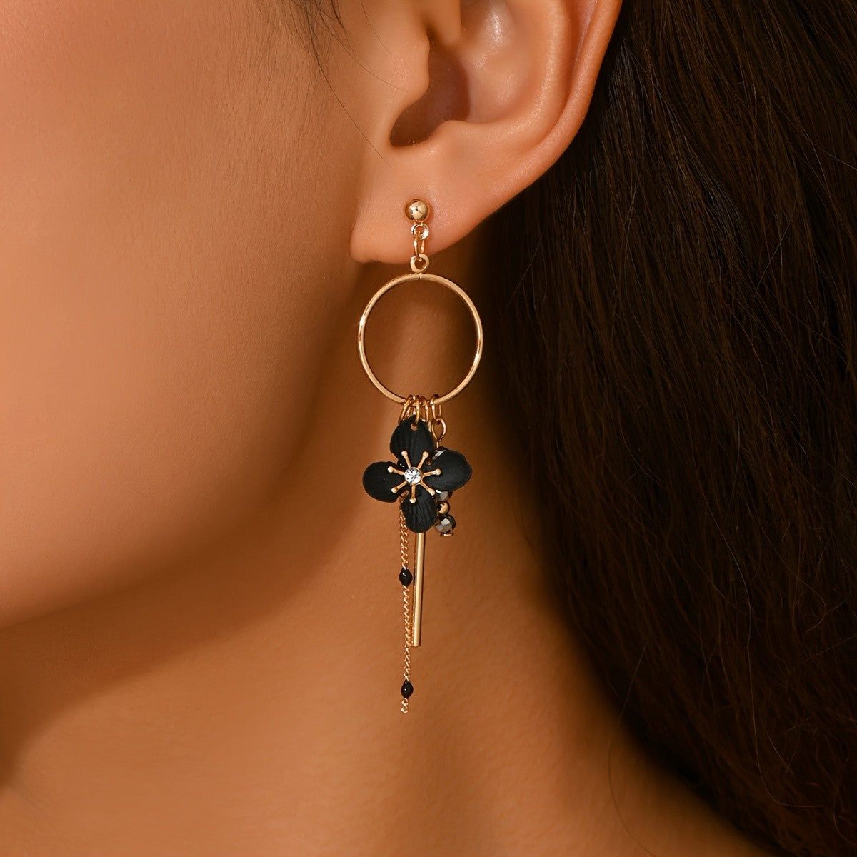 Black Floral Hoop Drop Earrings