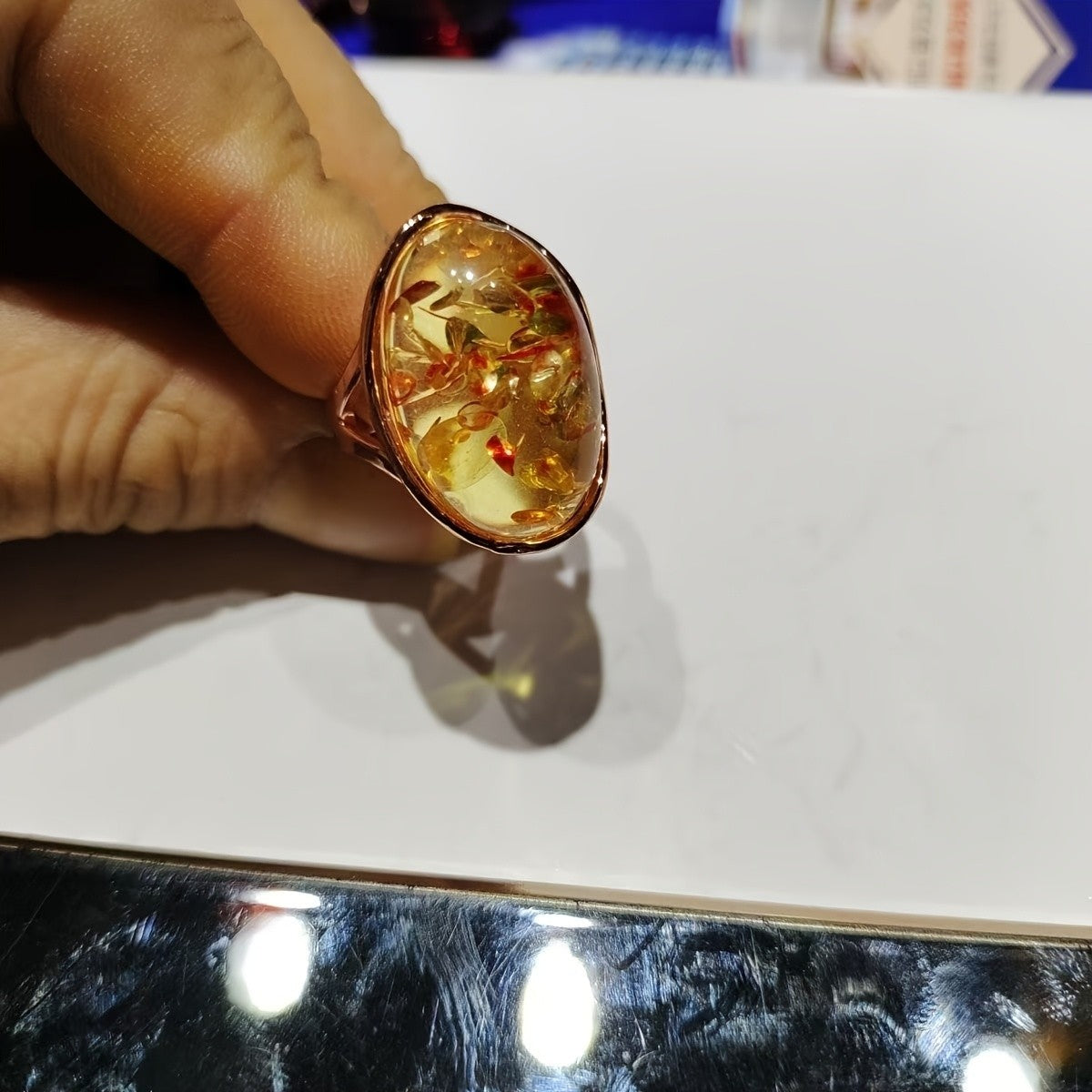 Floral Amber Oval Ring