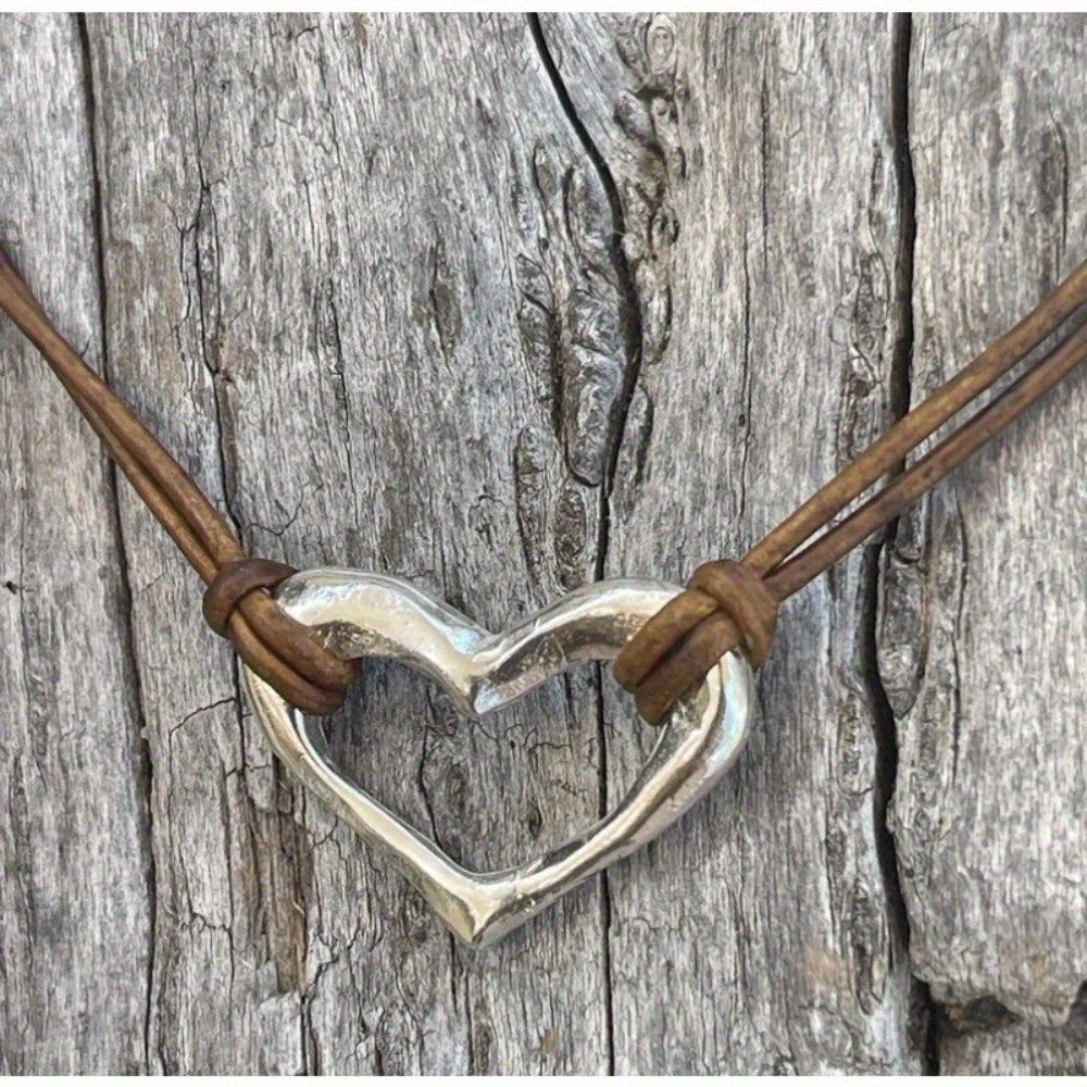 Silver-Tone Heart Leather Necklace
