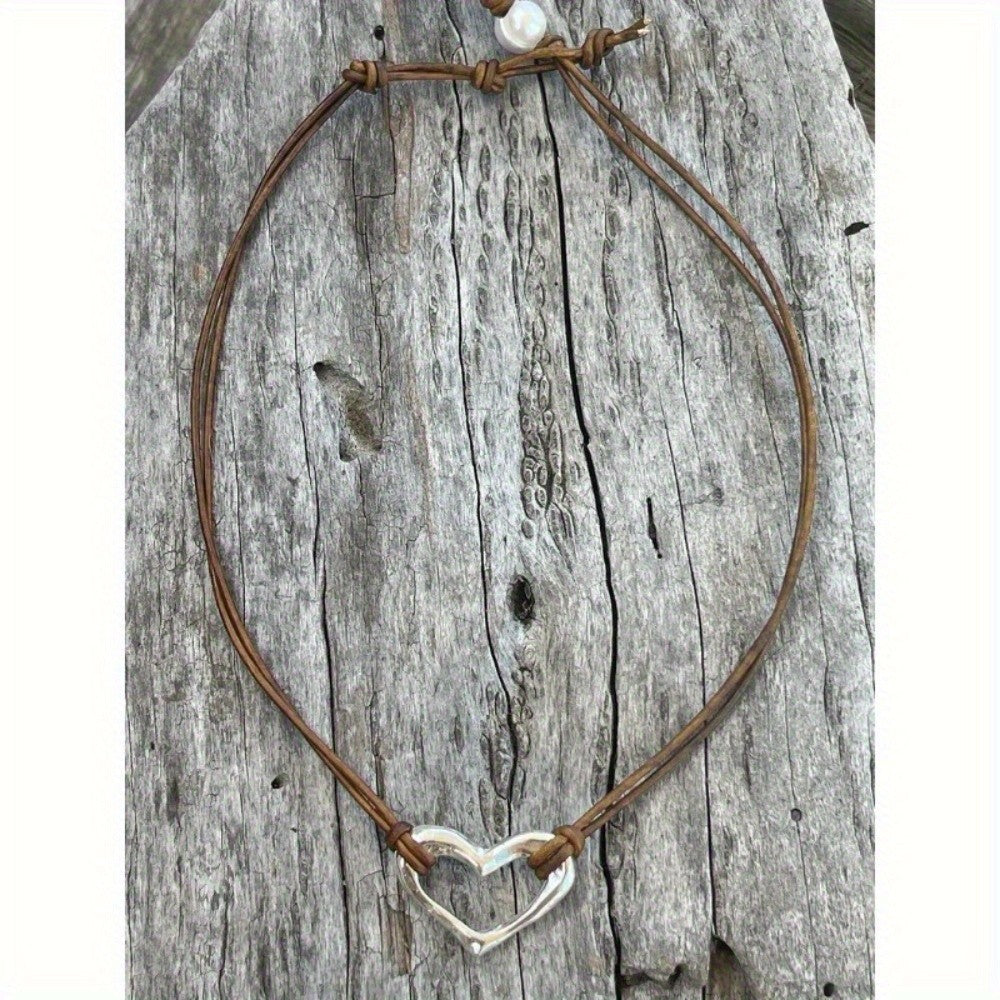 Silver-Tone Heart Leather Necklace
