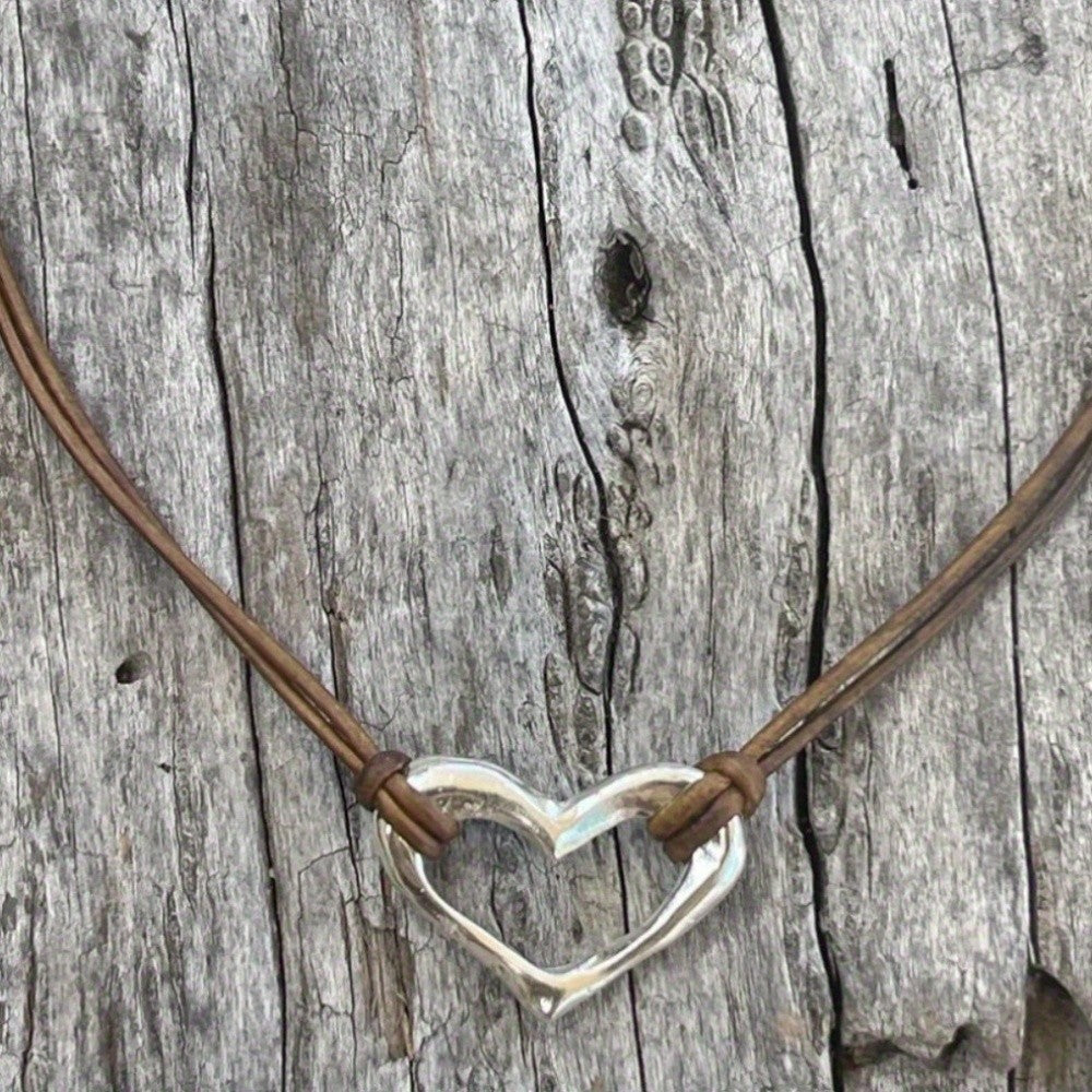 Silver-Tone Heart Leather Necklace