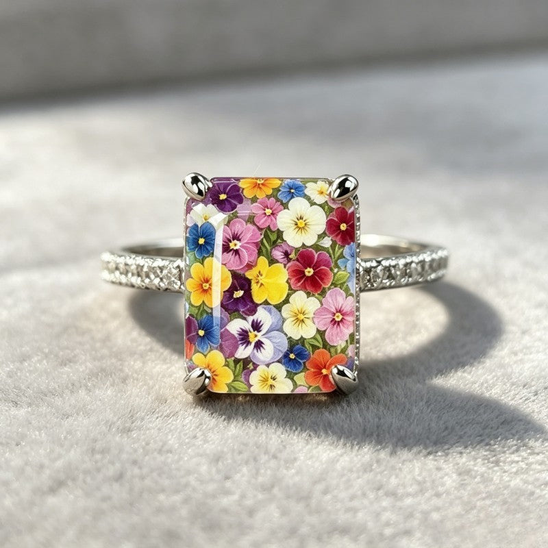 Multicolor Floral Square Ring
