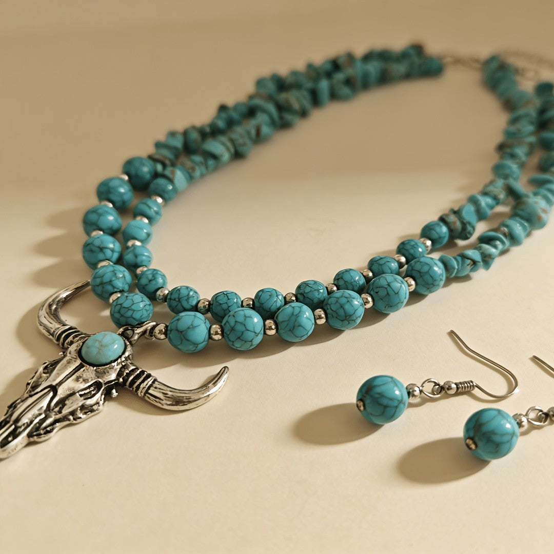 Turquoise Bull Skull Layered Necklace