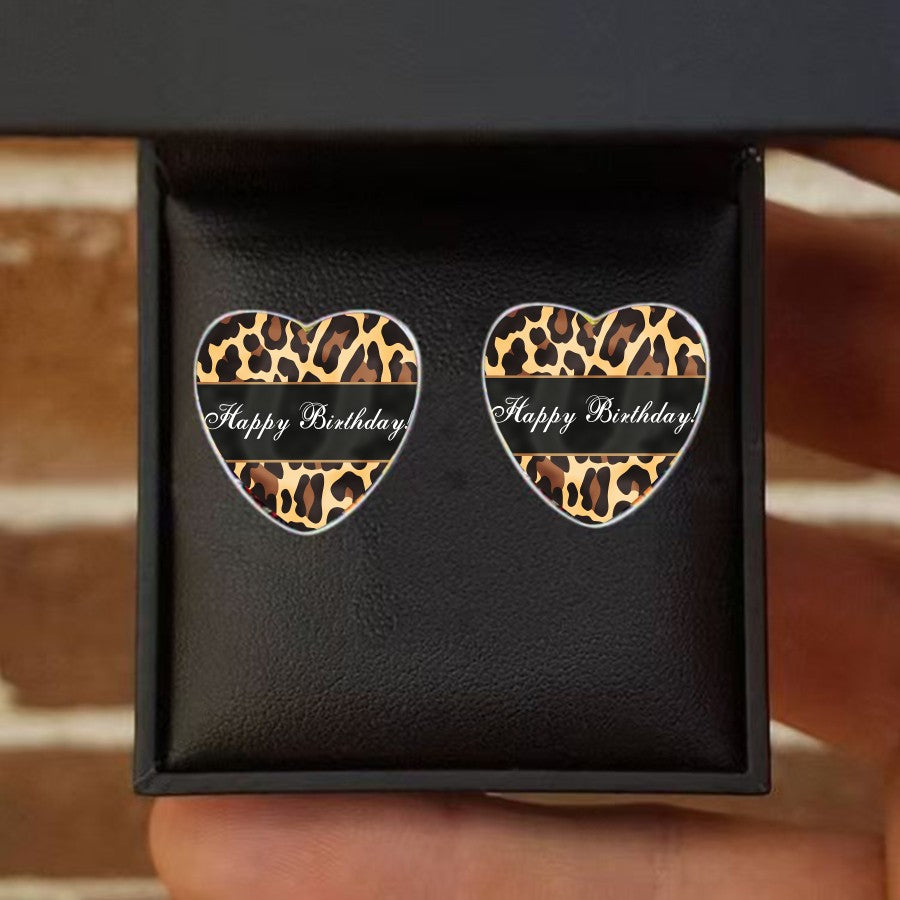 Leopard Print Happy Birthday Heart Earrings