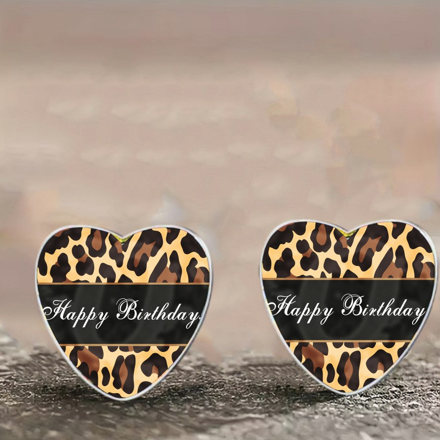 Leopard Print Happy Birthday Heart Earrings