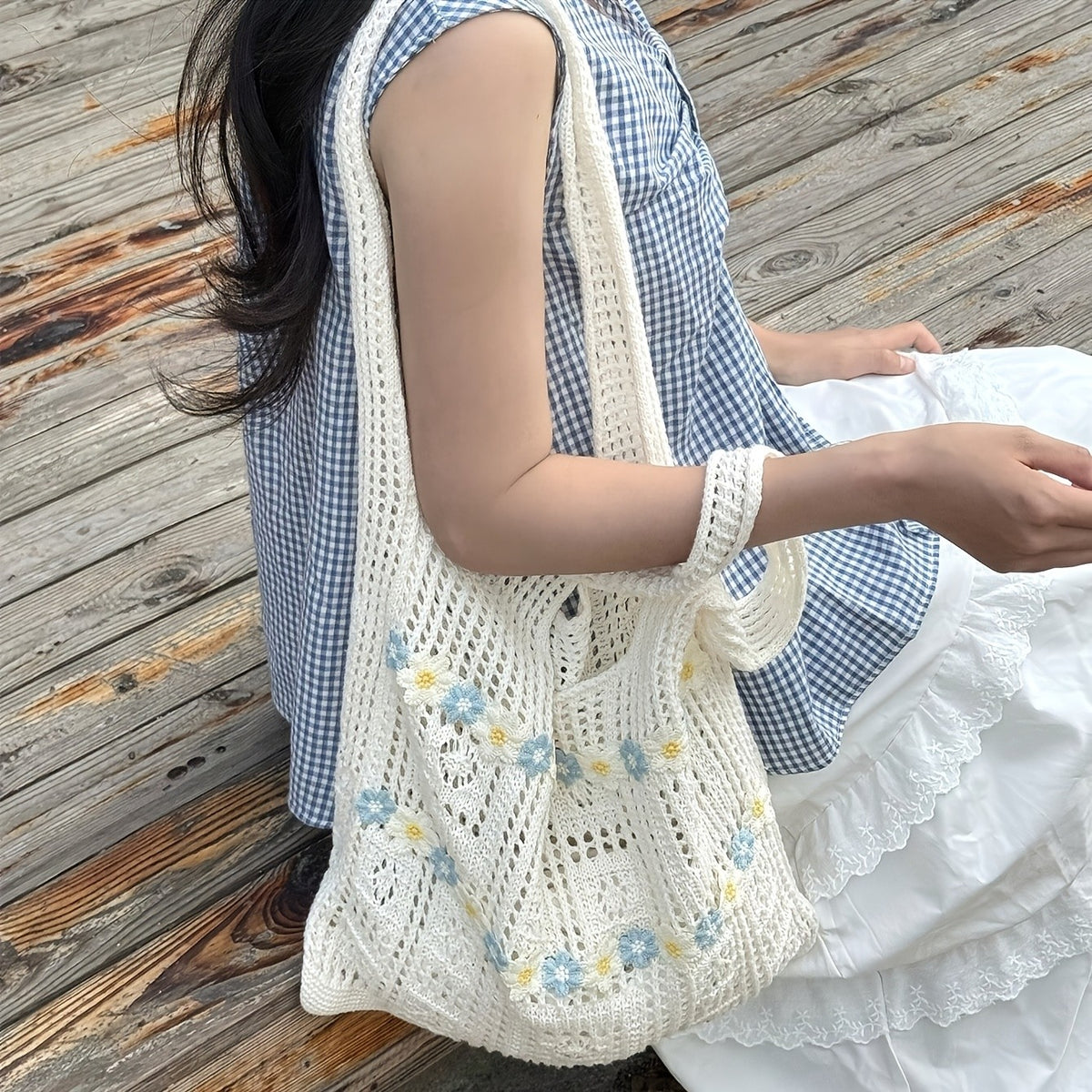 Blue Daisy Crochet Tote Bag