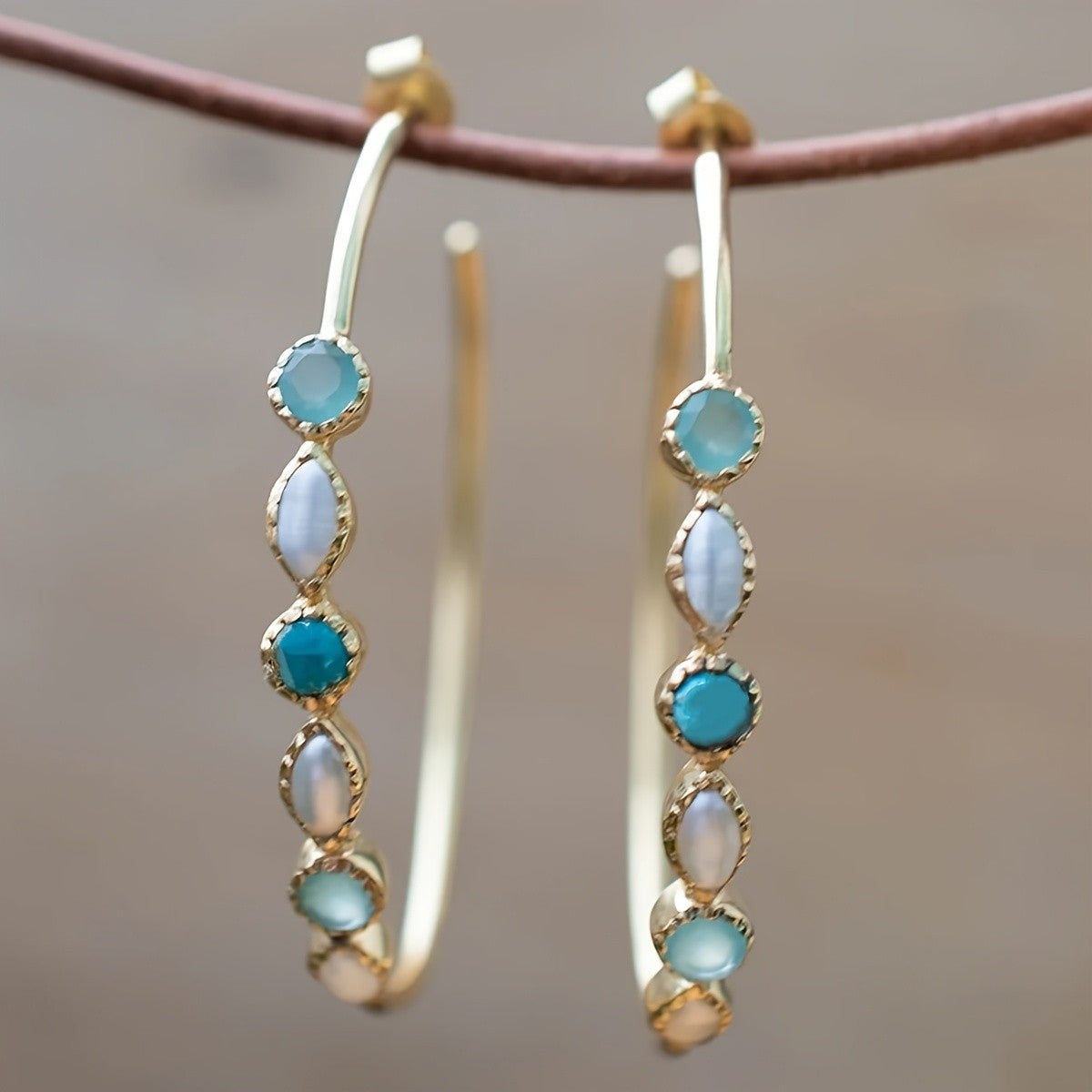 Blue Stone Marquise & Round Hoop Earrings