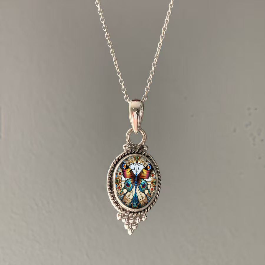 Stained Glass Butterfly Oval Pendant Necklace