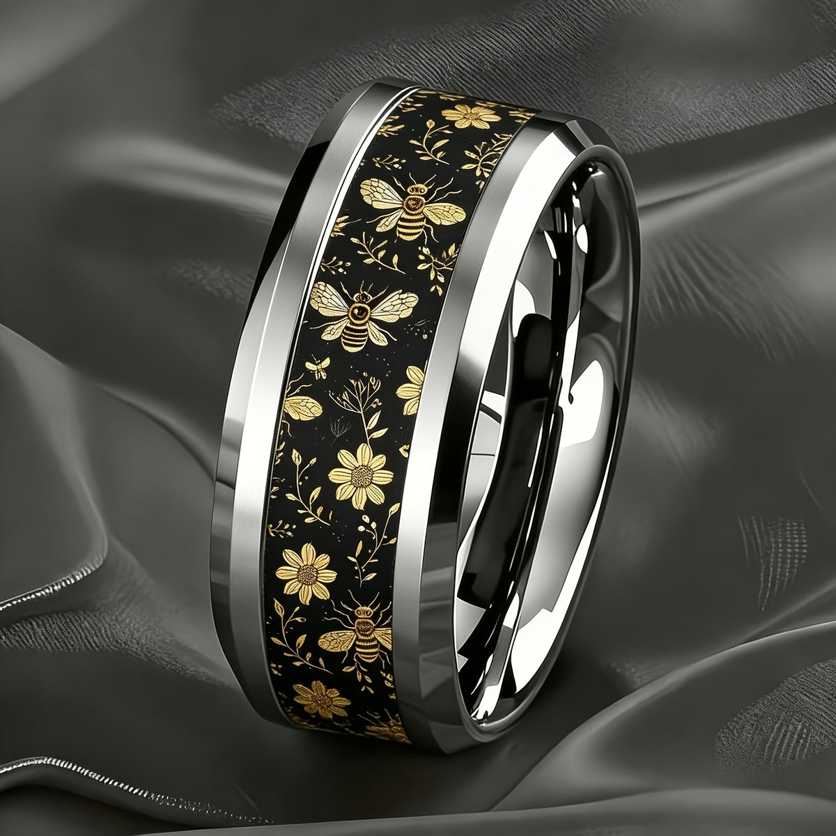 Black Bee & Floral Band Ring