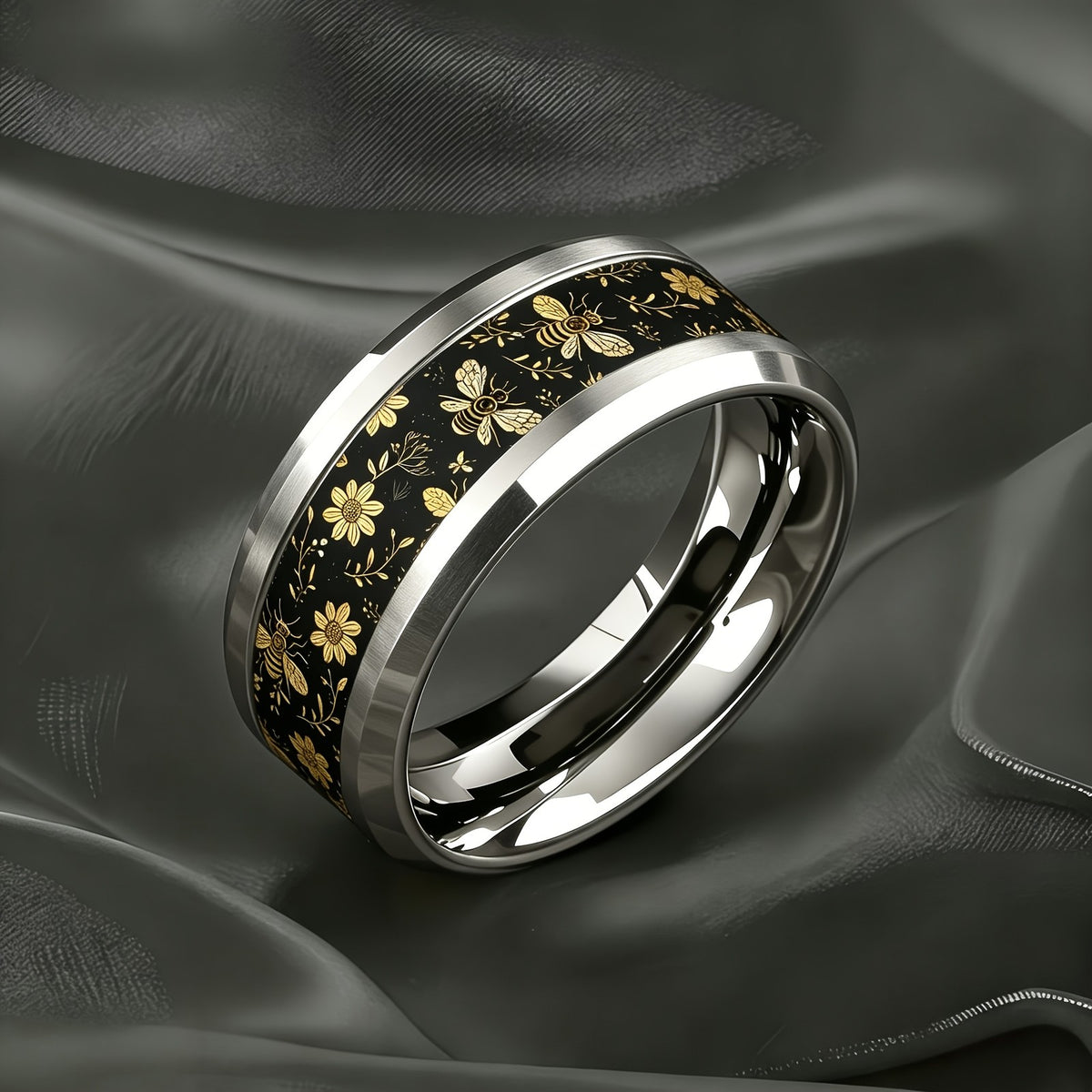 Black Bee & Floral Band Ring