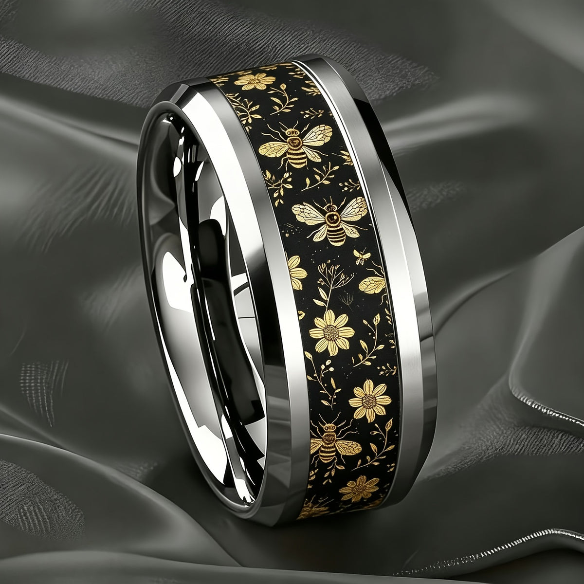 Black Bee & Floral Band Ring