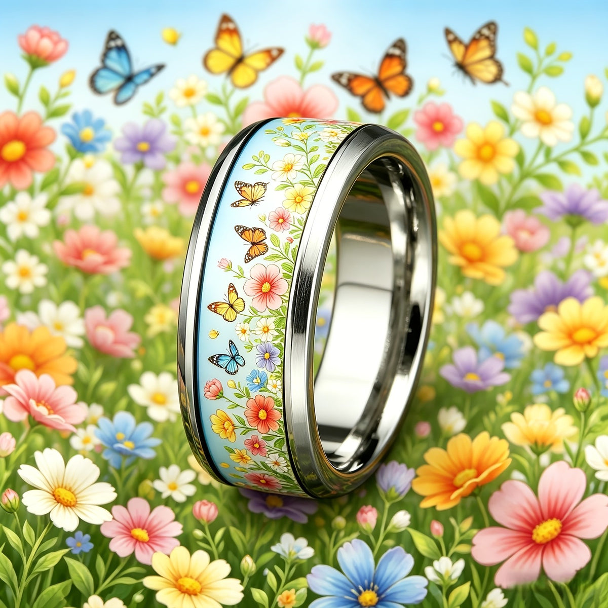 Floral Butterfly Band Ring