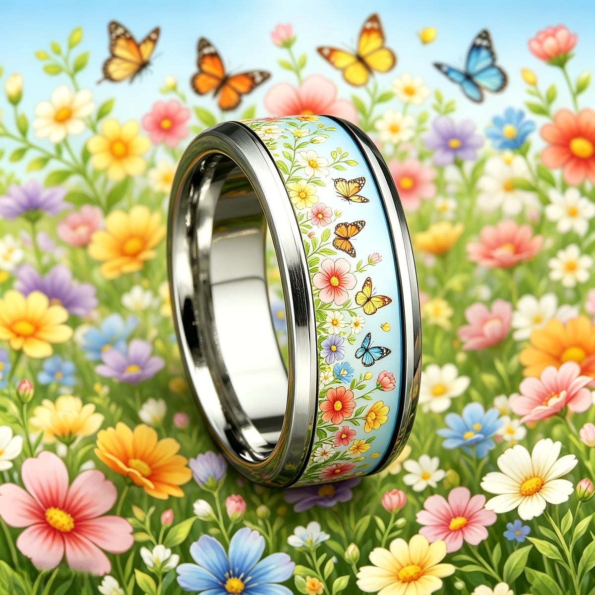 Floral Butterfly Band Ring