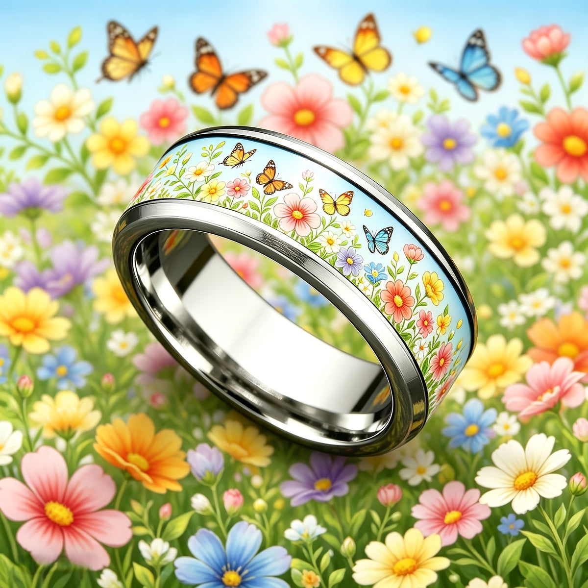 Floral Butterfly Band Ring