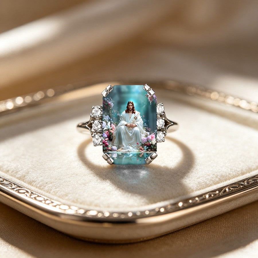 Jesus Floral Glass Panel Ring