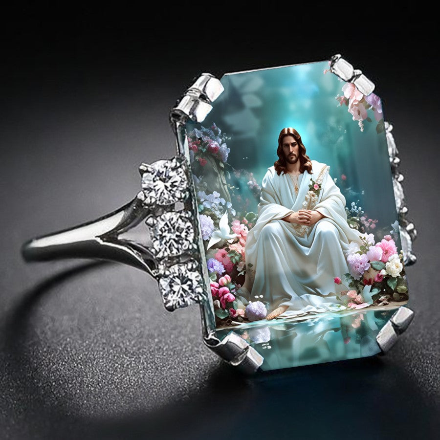 Jesus Floral Glass Panel Ring