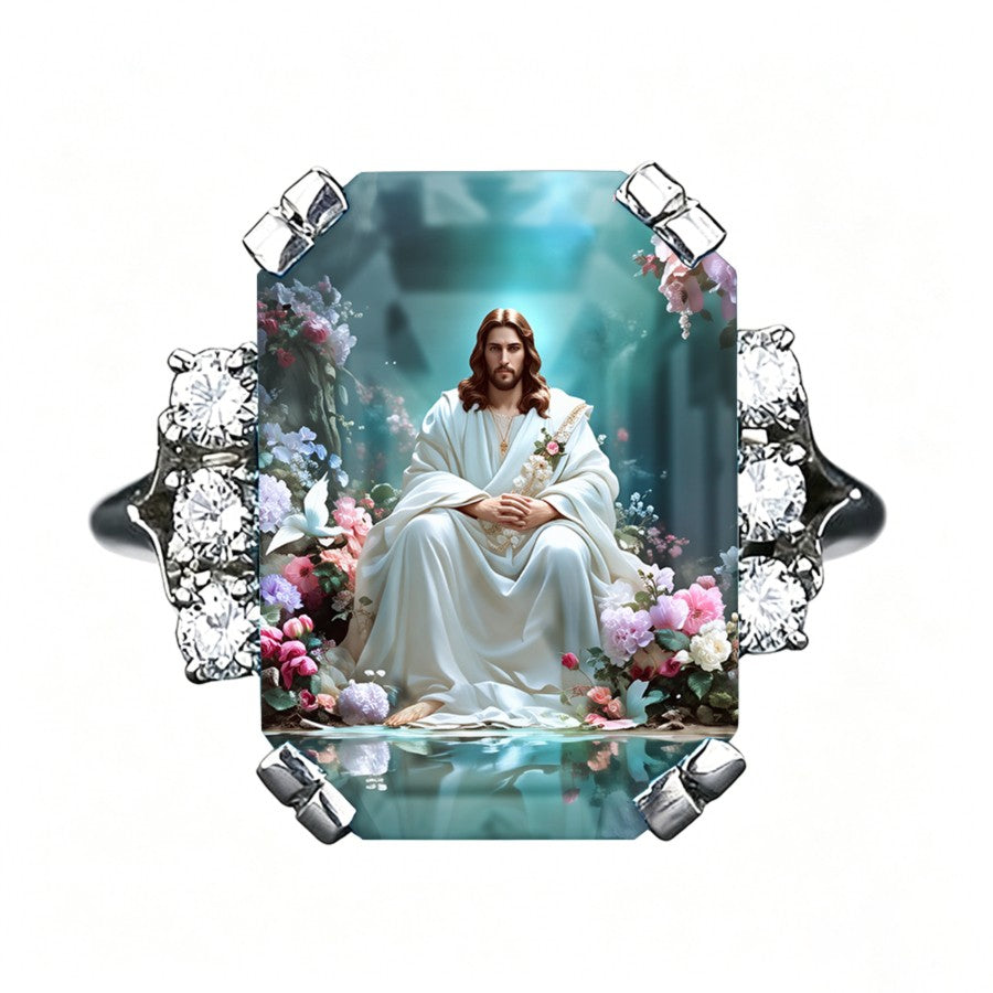 Jesus Floral Glass Panel Ring