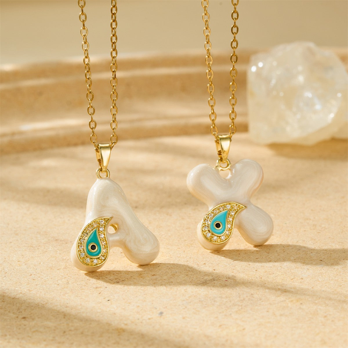 White Bubble Letter Evil Eye Necklace