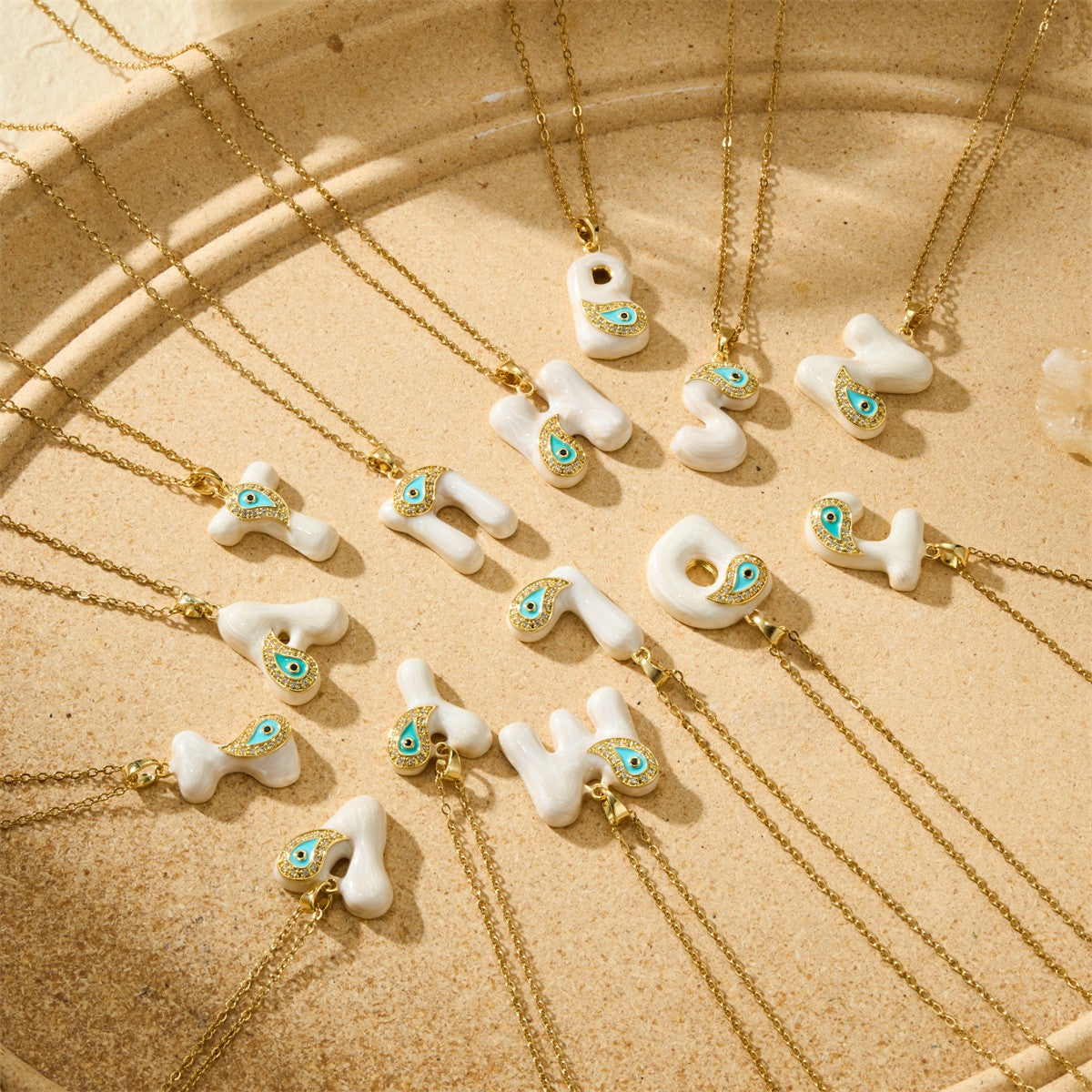 White Bubble Letter Evil Eye Necklace