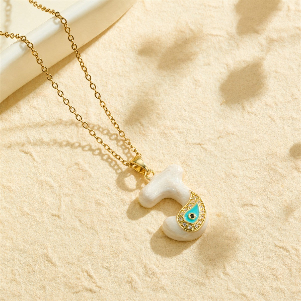 White Bubble Letter Evil Eye Necklace