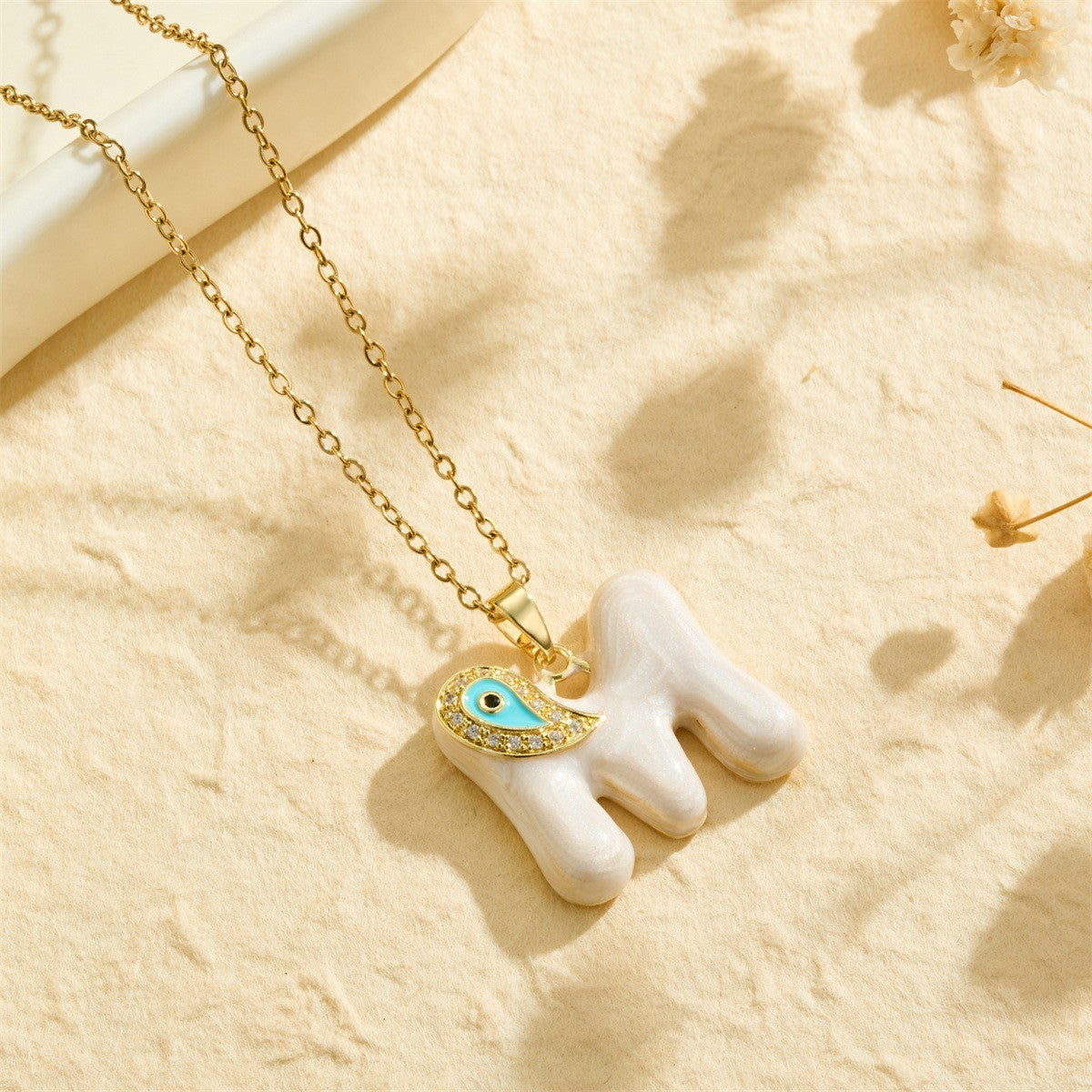 White Bubble Letter Evil Eye Necklace