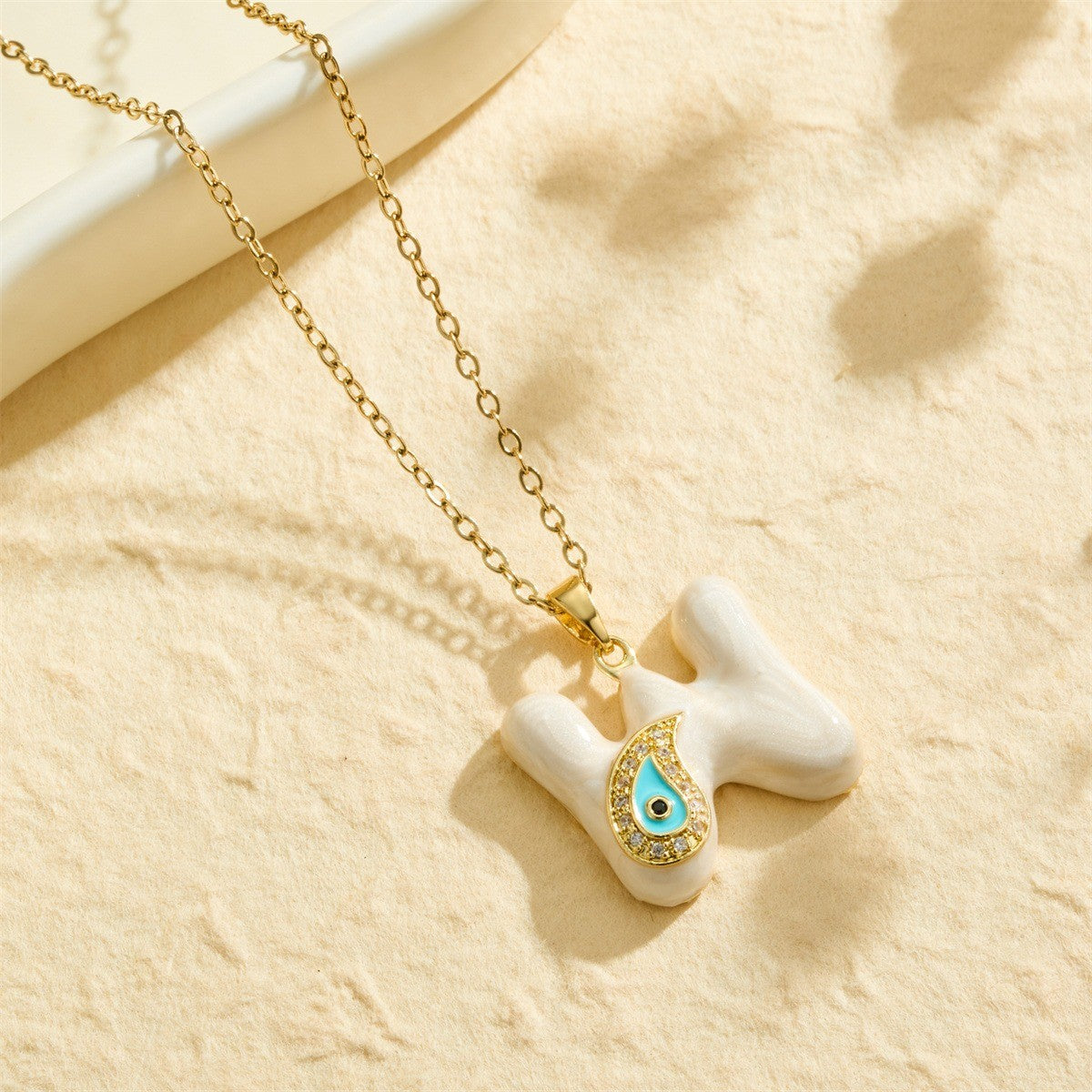 White Bubble Letter Evil Eye Necklace