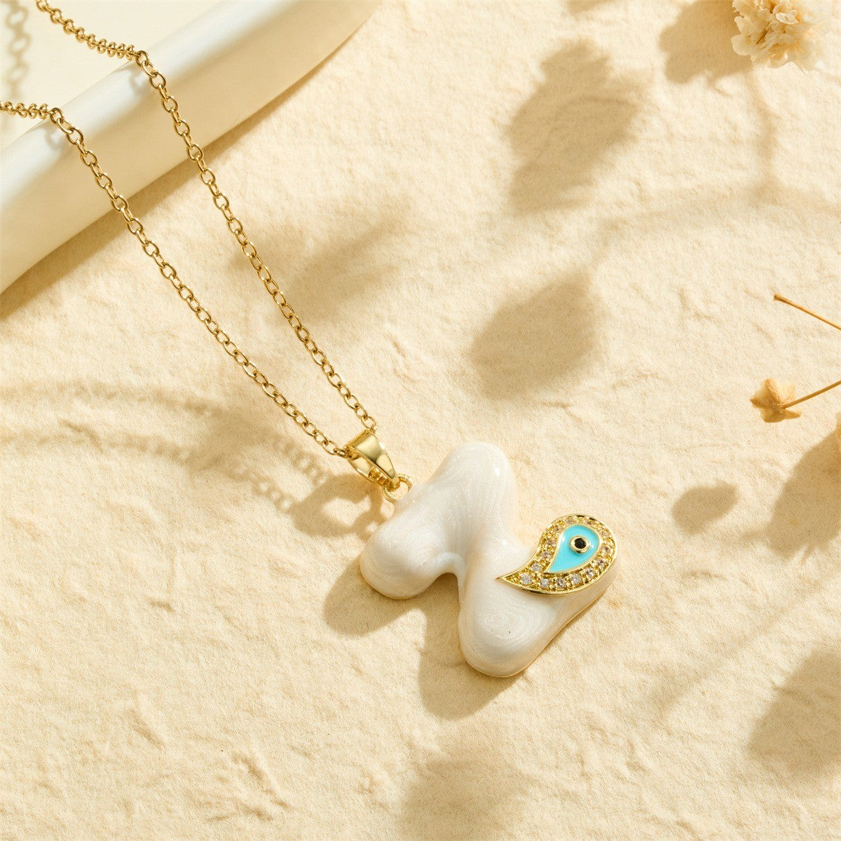 White Bubble Letter Evil Eye Necklace