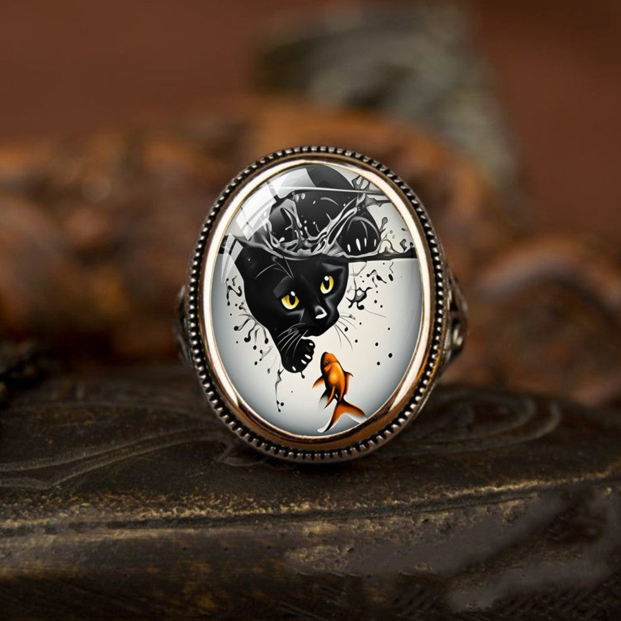 Black Cat & Goldfish Oval Ring