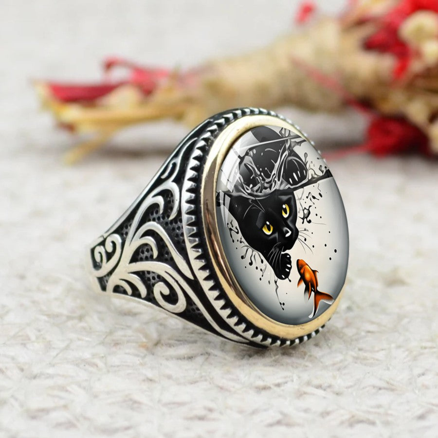 Black Cat & Goldfish Oval Ring