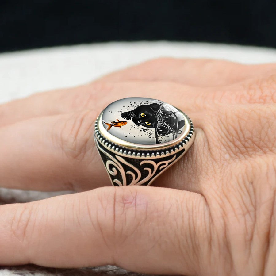 Black Cat & Goldfish Oval Ring